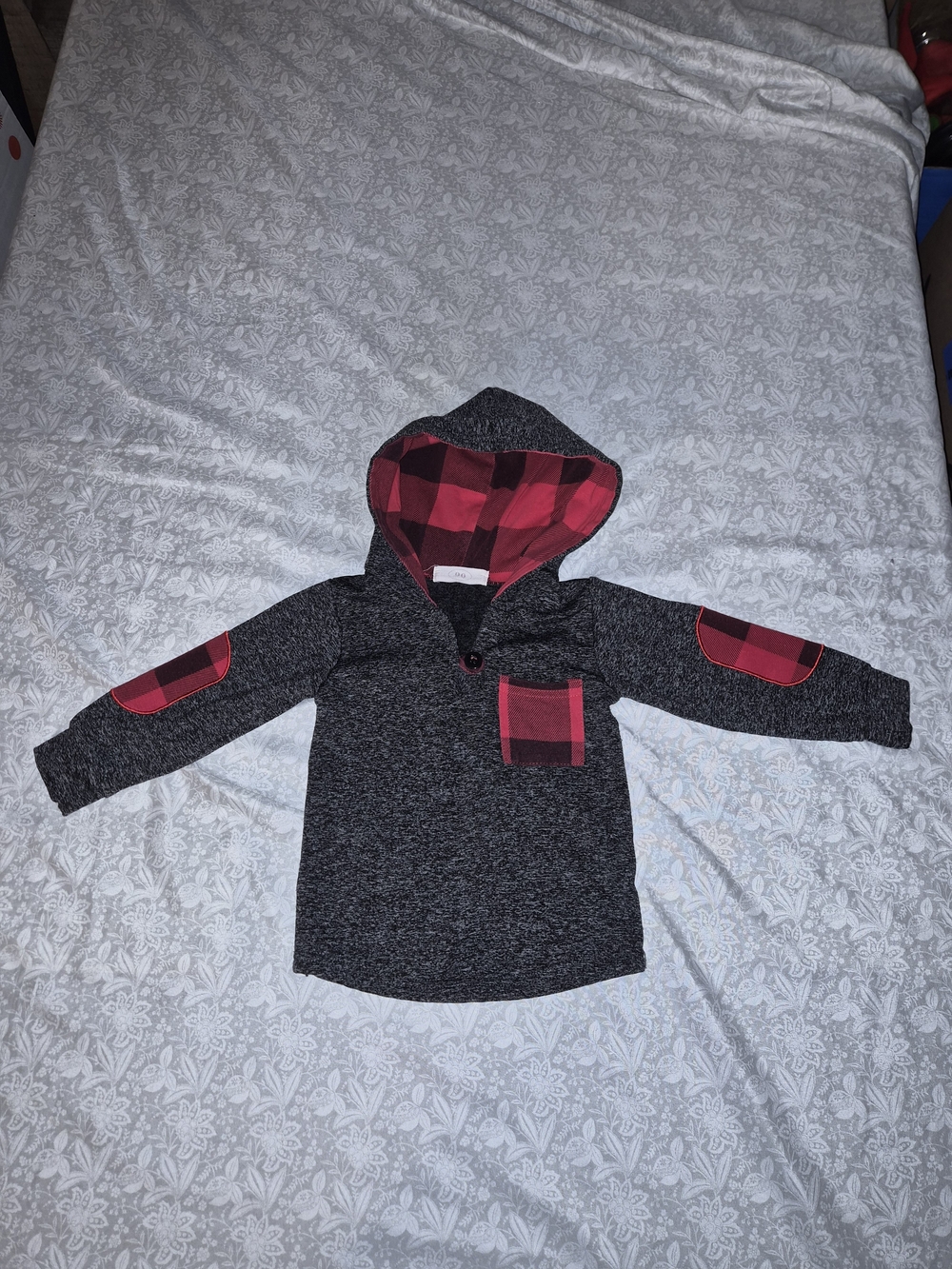 PatPat Charcoal Hoodie with Red Plaid Accents